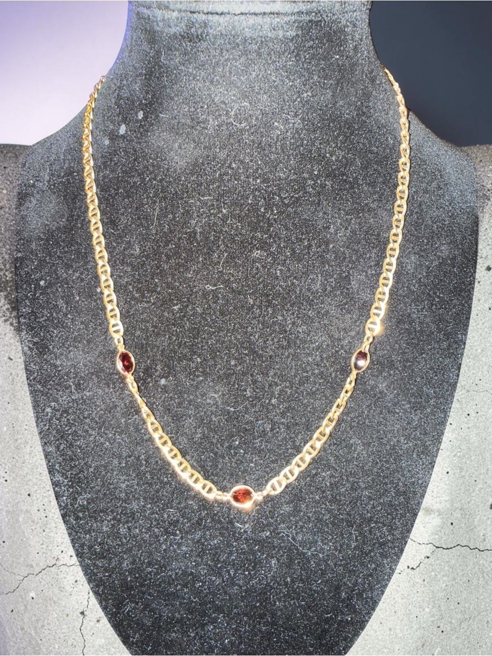 Vintage 14K Gold Bonded Garnet Necklace • Sterling Silver • 16” • 3 Garnets - Picture 3 of 12